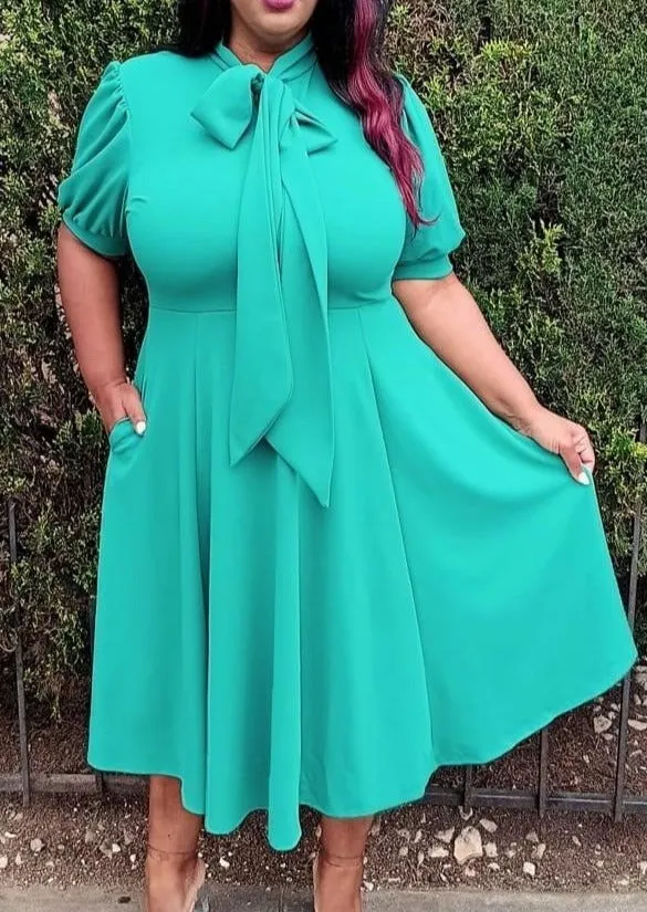 Hi Curvy Plus Size Women Bow Collar Fit & Flare Midi Dress