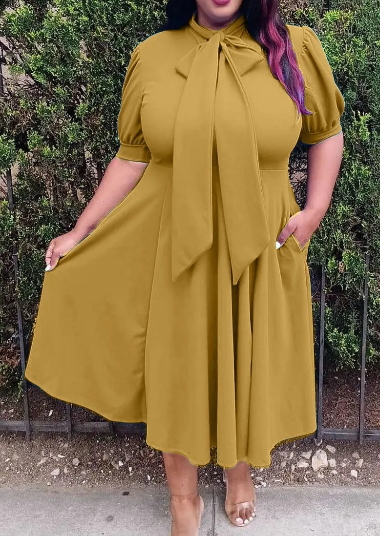 Hi Curvy Plus Size Women Bow Collar Fit & Flare Midi Dress