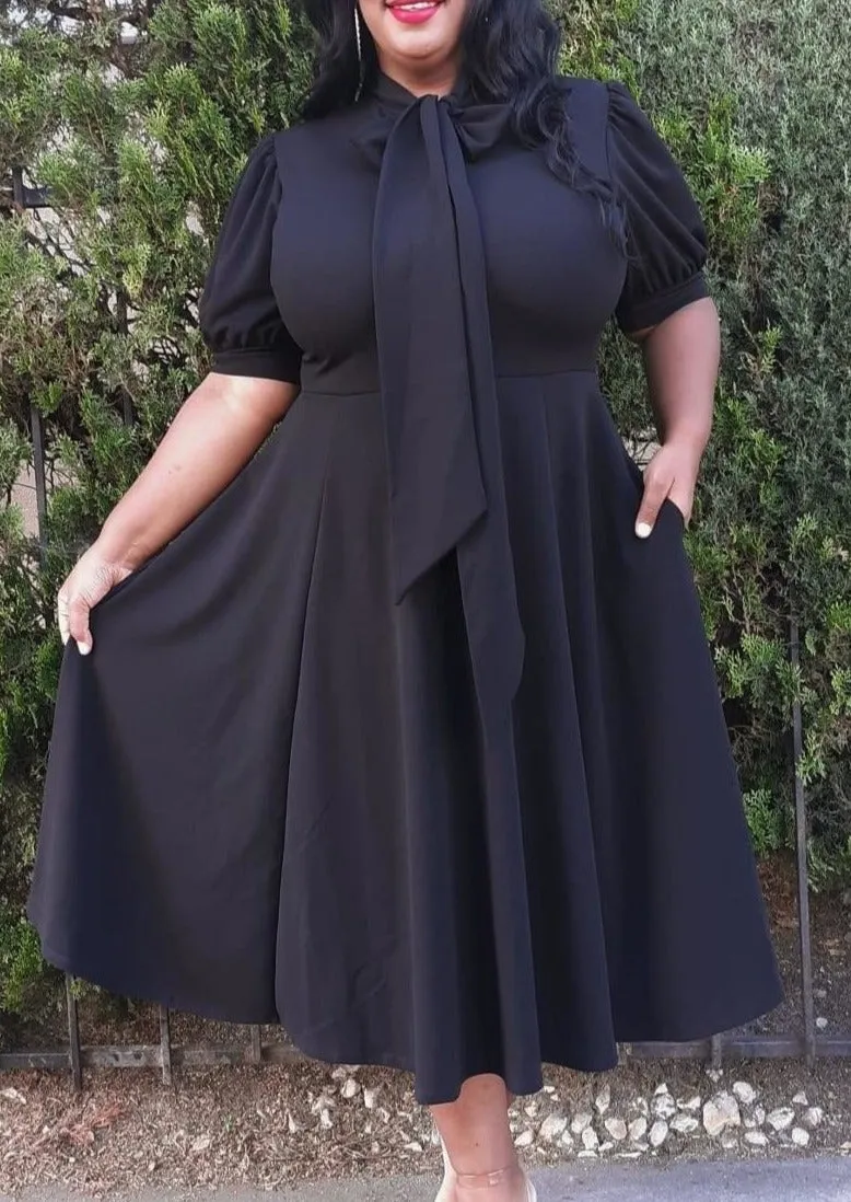 Hi Curvy Plus Size Women Bow Collar Fit & Flare Midi Dress