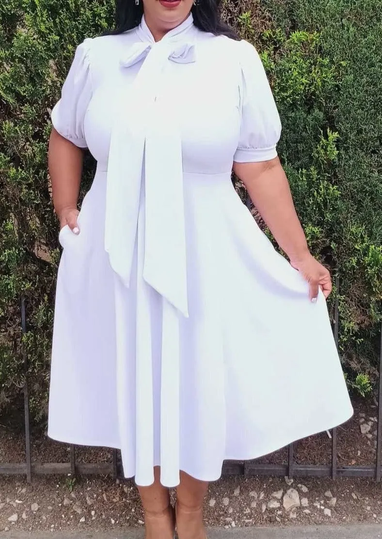 Hi Curvy Plus Size Women Bow Collar Fit & Flare Midi Dress