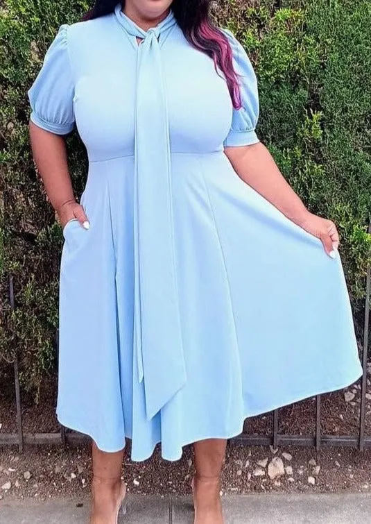 Hi Curvy Plus Size Women Bow Collar Fit & Flare Midi Dress