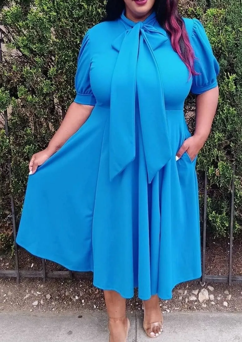 Hi Curvy Plus Size Women Bow Collar Fit & Flare Midi Dress
