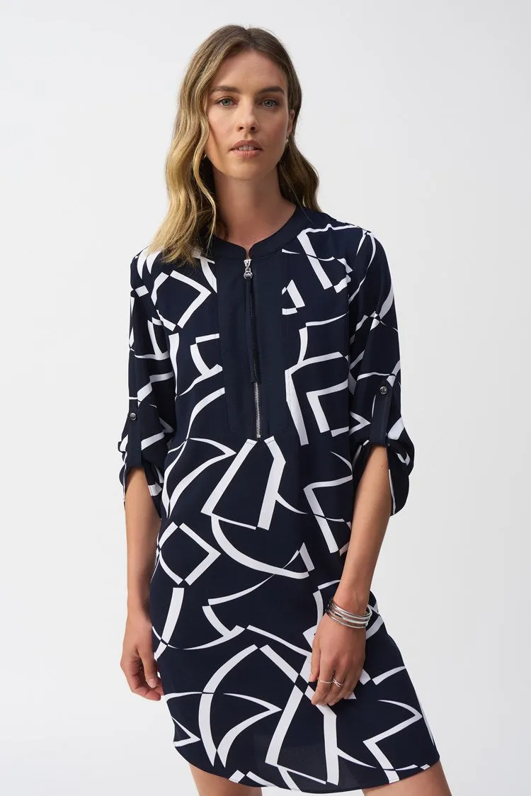 Joseph Ribkoff Geometric Shift Dress  251143  Blue/Vanilla