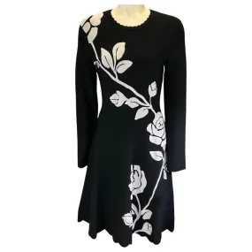 Lela Rose Black / White Floral Intarsia Long Sleeved Fit and Flare Dress