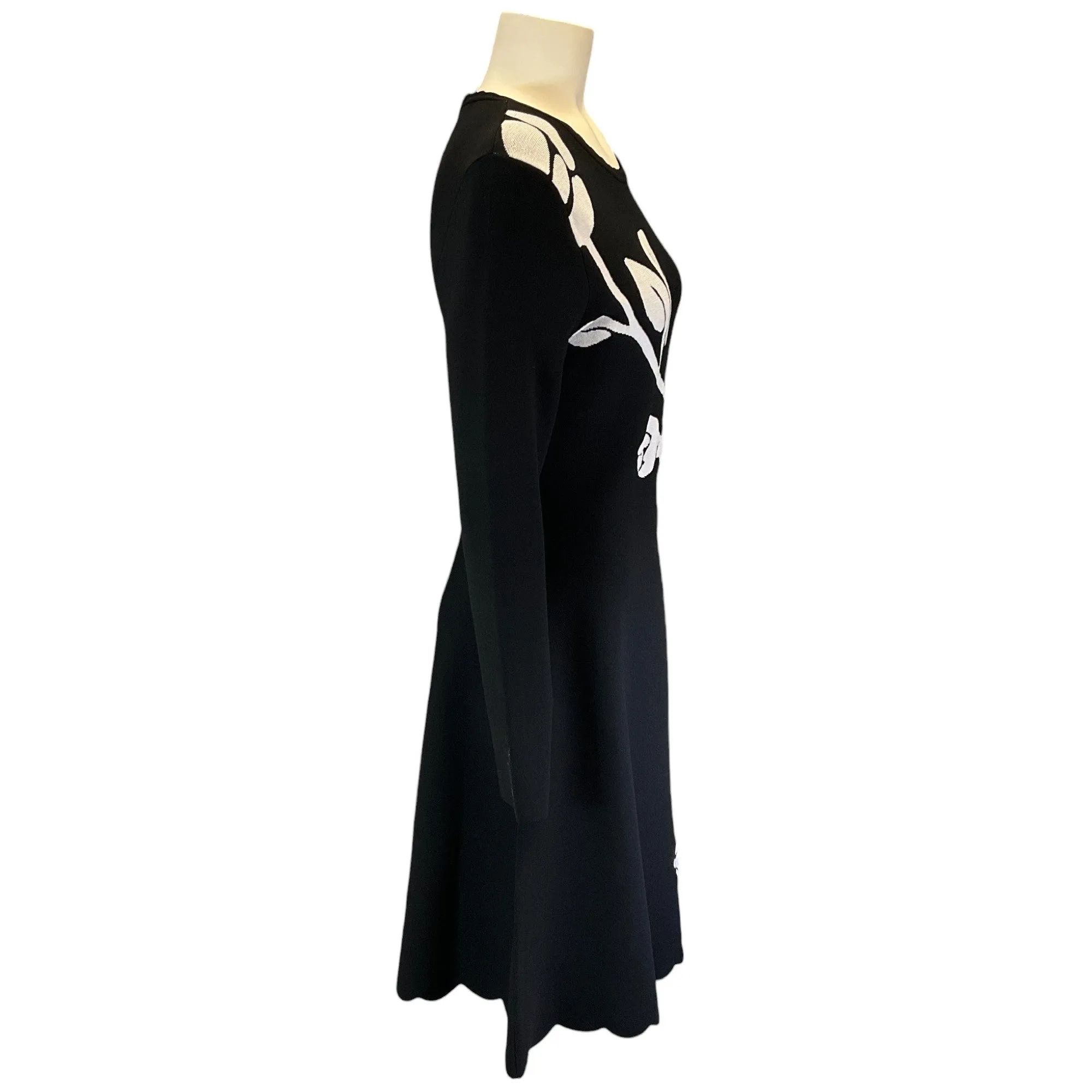 Lela Rose Black / White Floral Intarsia Long Sleeved Fit and Flare Dress