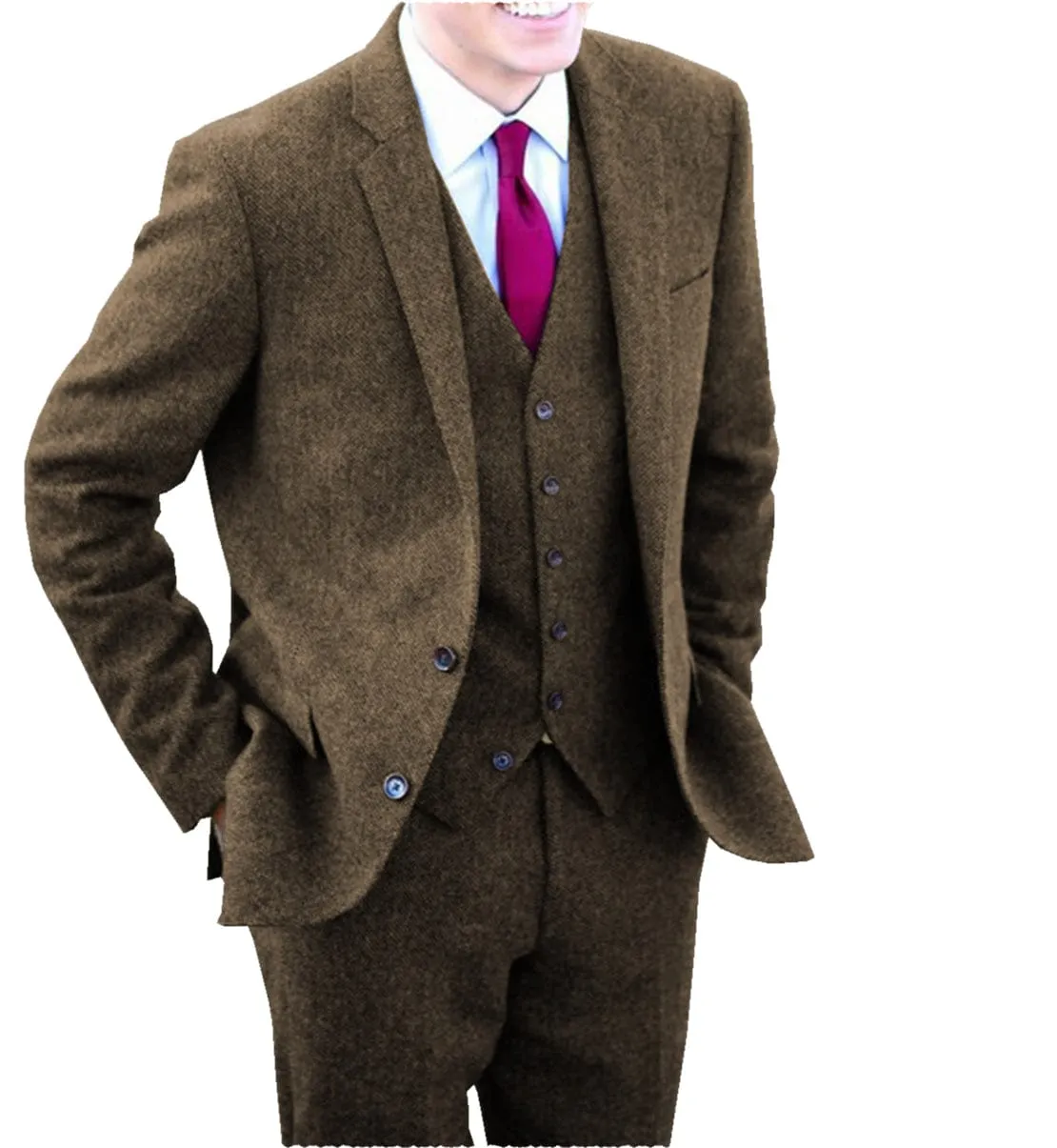 Men's 3 Pieces Suit Fashion Herringbone Tweed Notch Lapel Gent Tuxedos (Blazer Vest Pants)