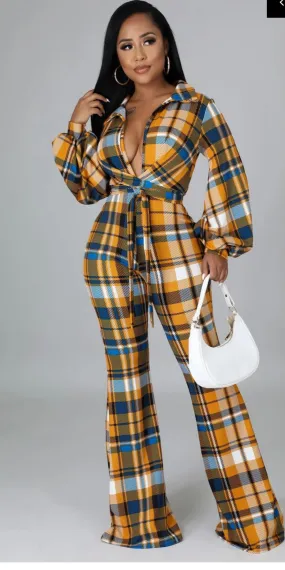 Mustard and Teal plaid jumpsuit