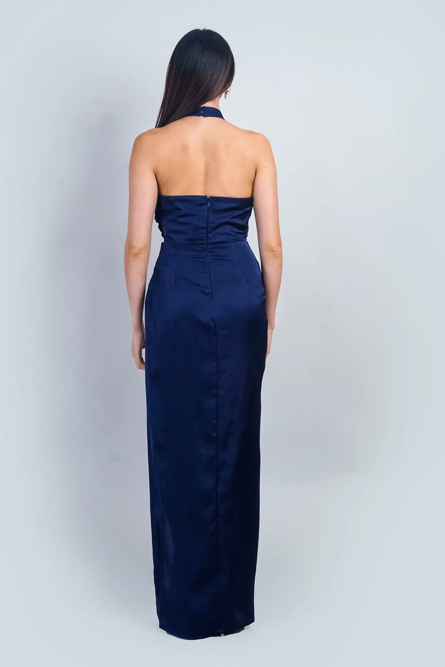 Navy Halter Side Drape Gown