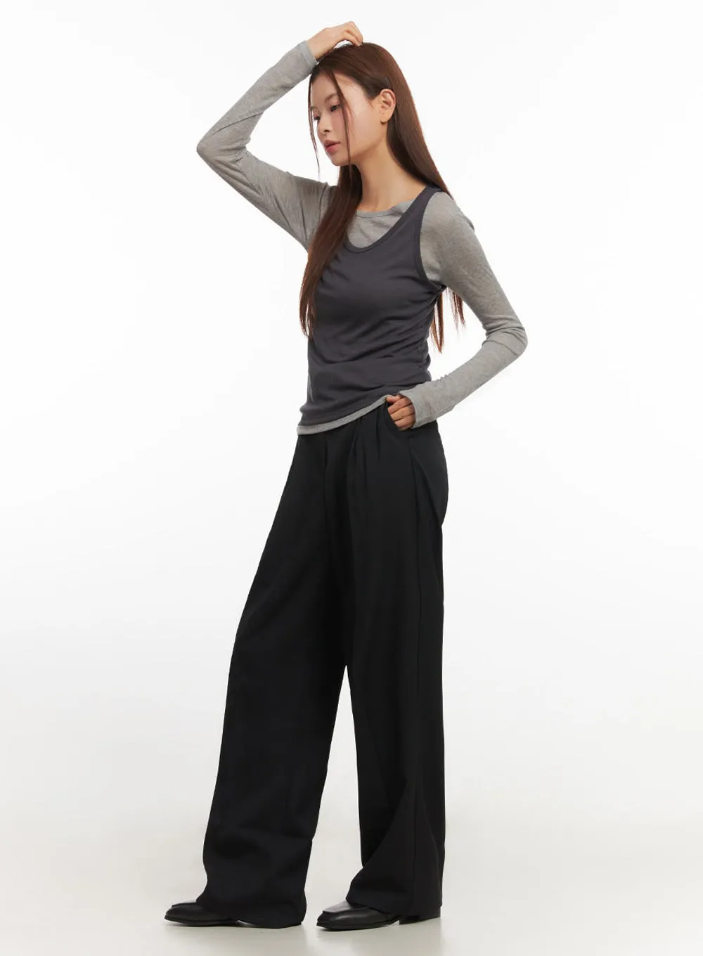 Pintuck Wide-Leg Slacks Pants IM524