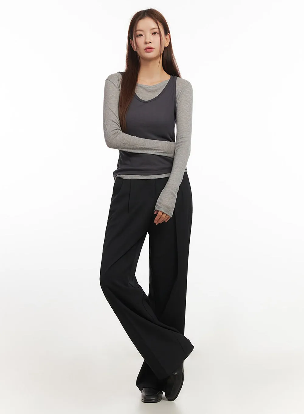 Pintuck Wide-Leg Slacks Pants IM524