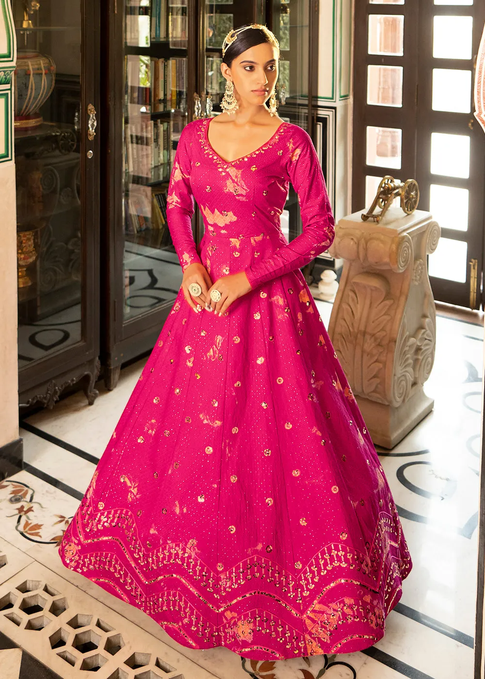 Rani Shibori Print Embroidered Floor Length Cotton Gown