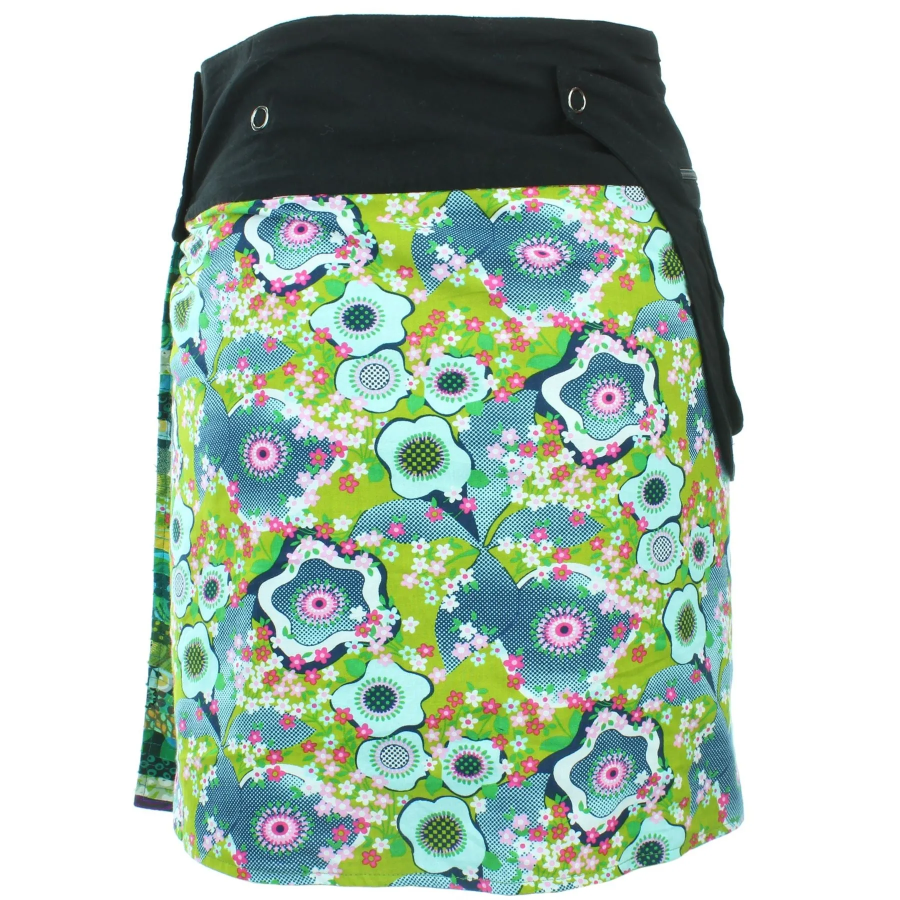 Reversible Popper Wrap Knee Length Skirt - Green Patch Strips / Floral Oyster