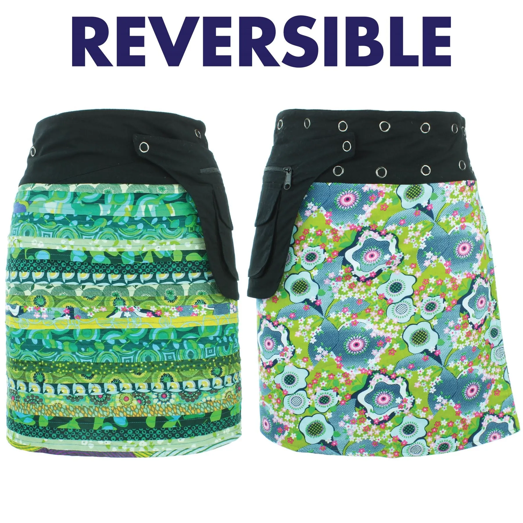 Reversible Popper Wrap Knee Length Skirt - Green Patch Strips / Floral Oyster