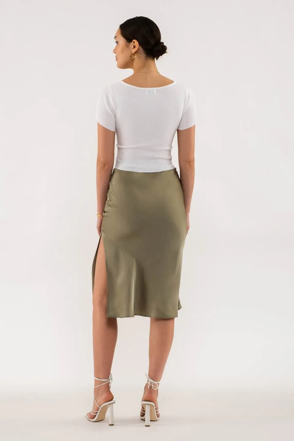 SATIN SIDE SLIT MIDI SKIRT
