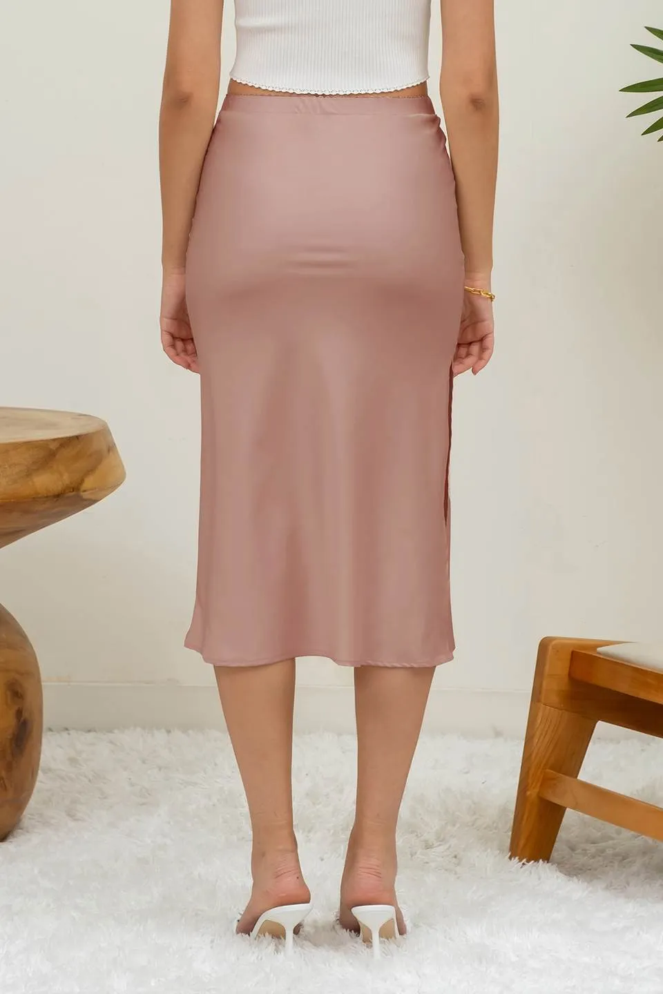 SATIN SIDE SLIT MIDI SKIRT