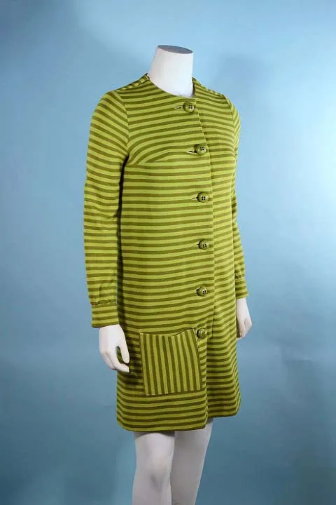 SOLD Vintage 60s MOD Green Striped Shift Mini Dress XS