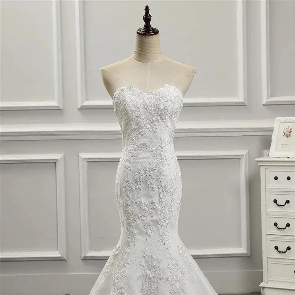 Sweetheart Fit and Flare Lace Wedding Dress Mermaid Strapless Bridal Gown for Curvy Brides #21011203