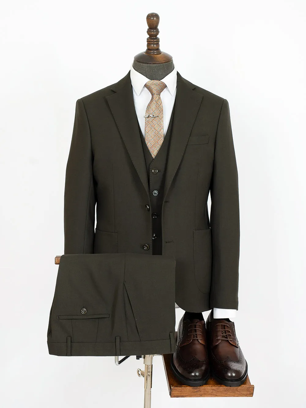 Three Pieces Of Green Oak Stripe Bespoke Men Suit Tailored