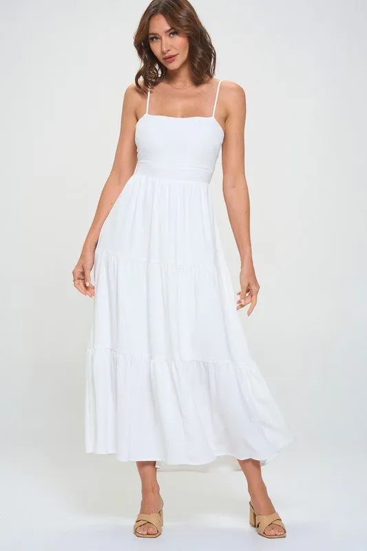TIERED TIE BACK FIT AND FLARE MIDI DRESS