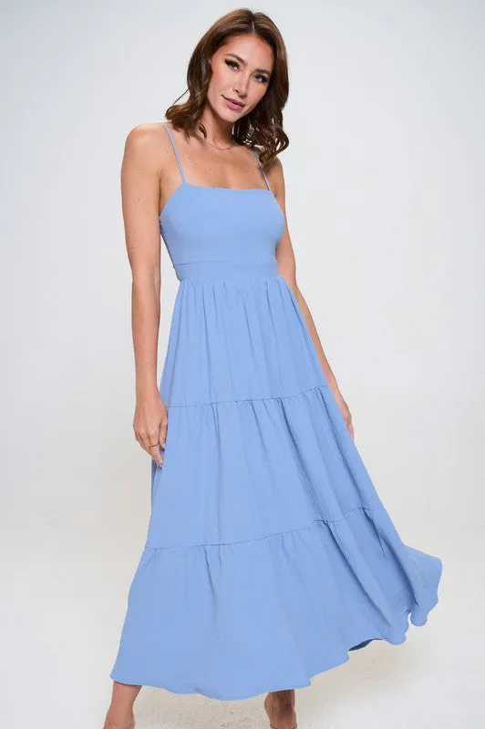 TIERED TIE BACK FIT AND FLARE MIDI DRESS