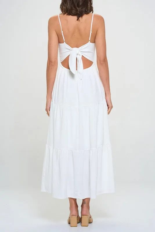 TIERED TIE BACK FIT AND FLARE MIDI DRESS