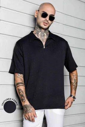 Unisex Black Textured Polo Neck Oversized T-shirt