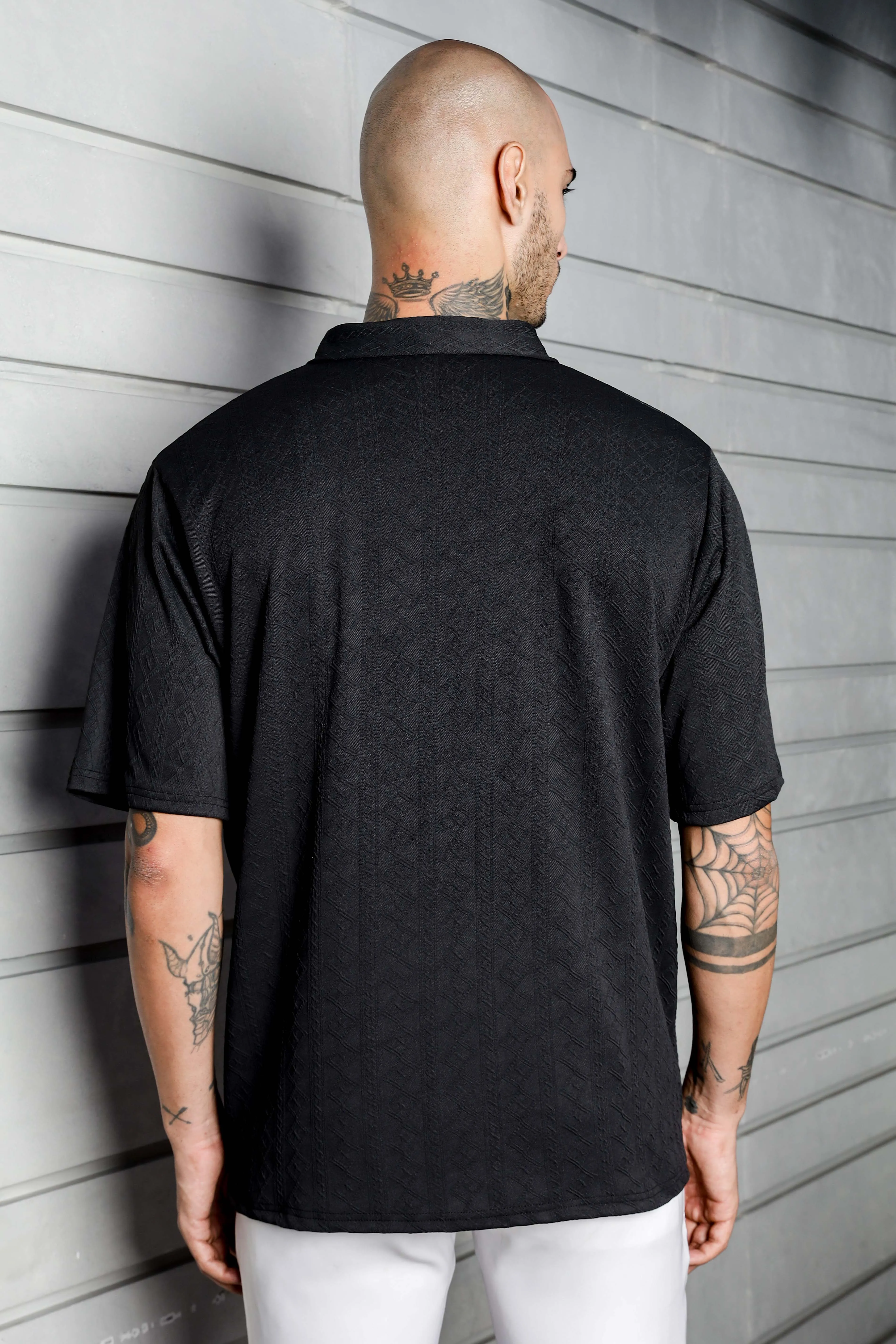 Unisex Black Textured Polo Neck Oversized T-shirt