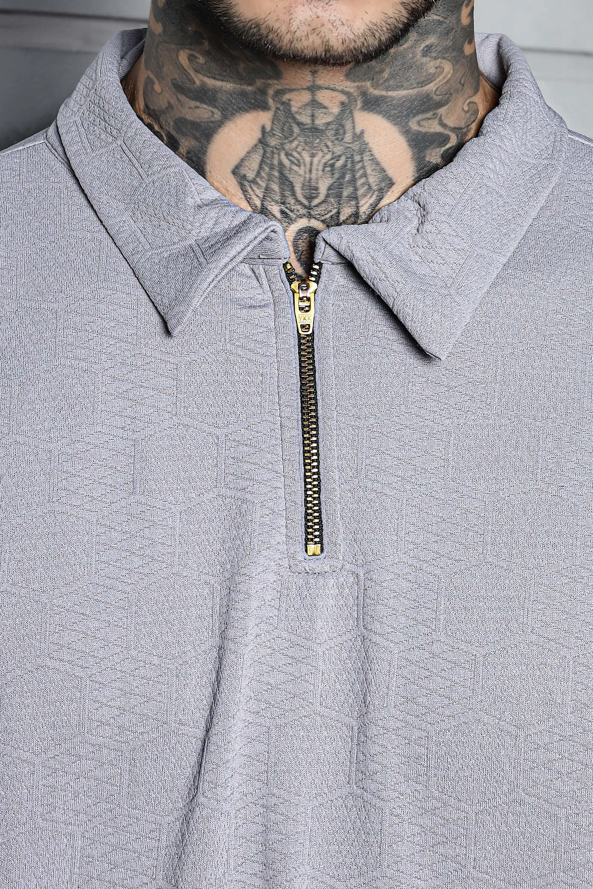 Unisex Grey Textured Polo Neck Oversized T-shirt