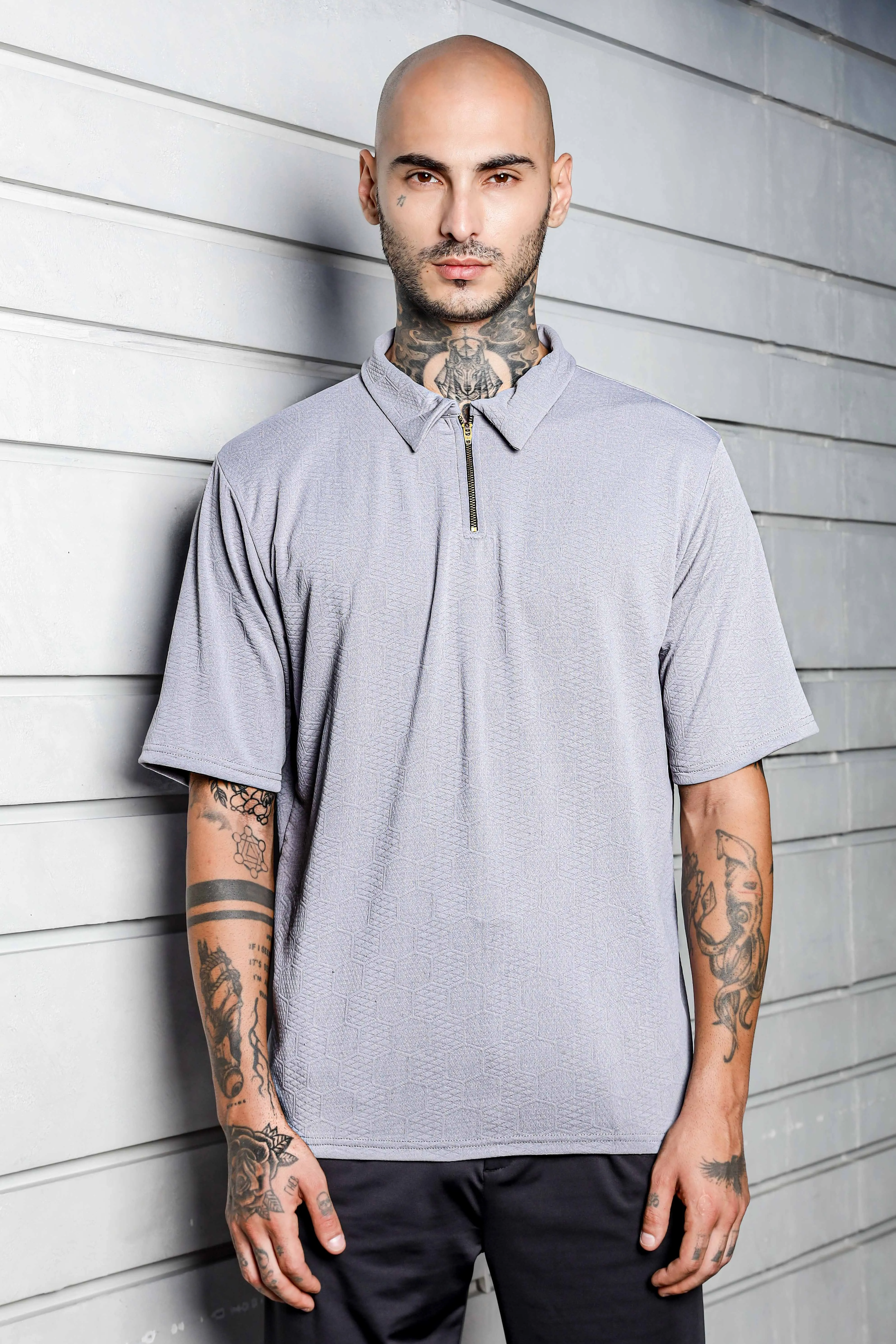 Unisex Grey Textured Polo Neck Oversized T-shirt