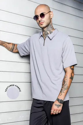 Unisex Grey Textured Polo Neck Oversized T-shirt