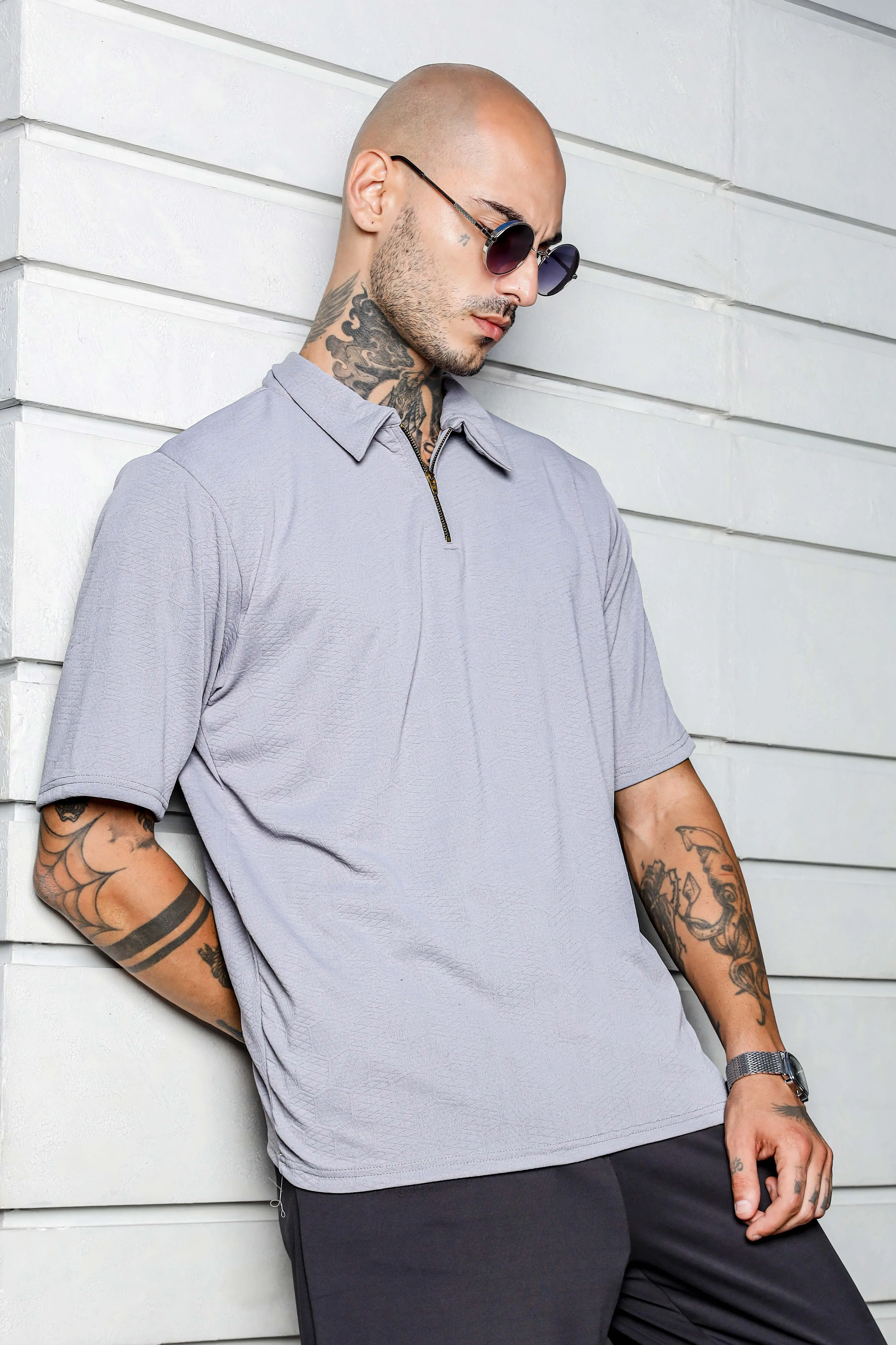 Unisex Grey Textured Polo Neck Oversized T-shirt