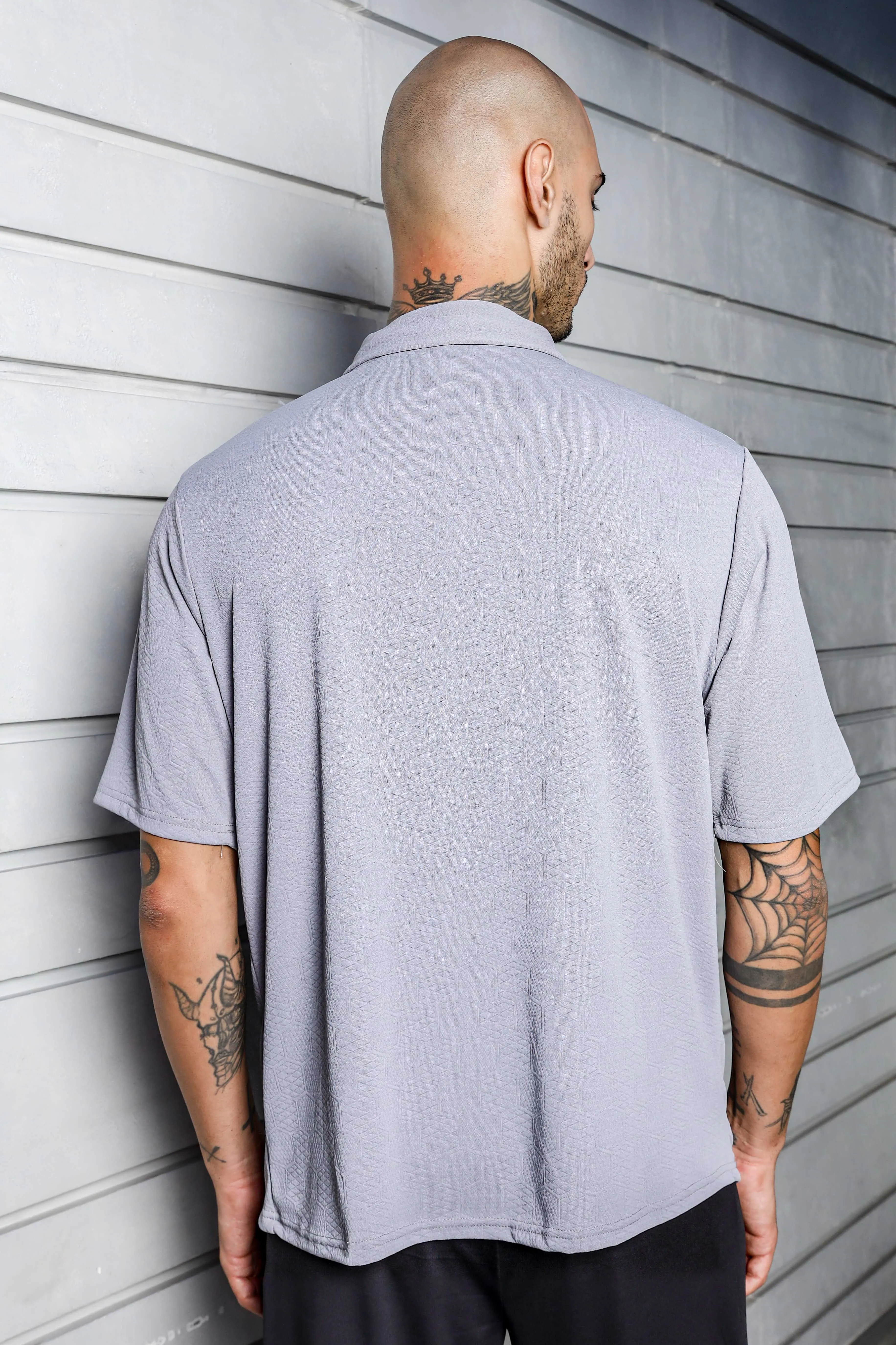 Unisex Grey Textured Polo Neck Oversized T-shirt