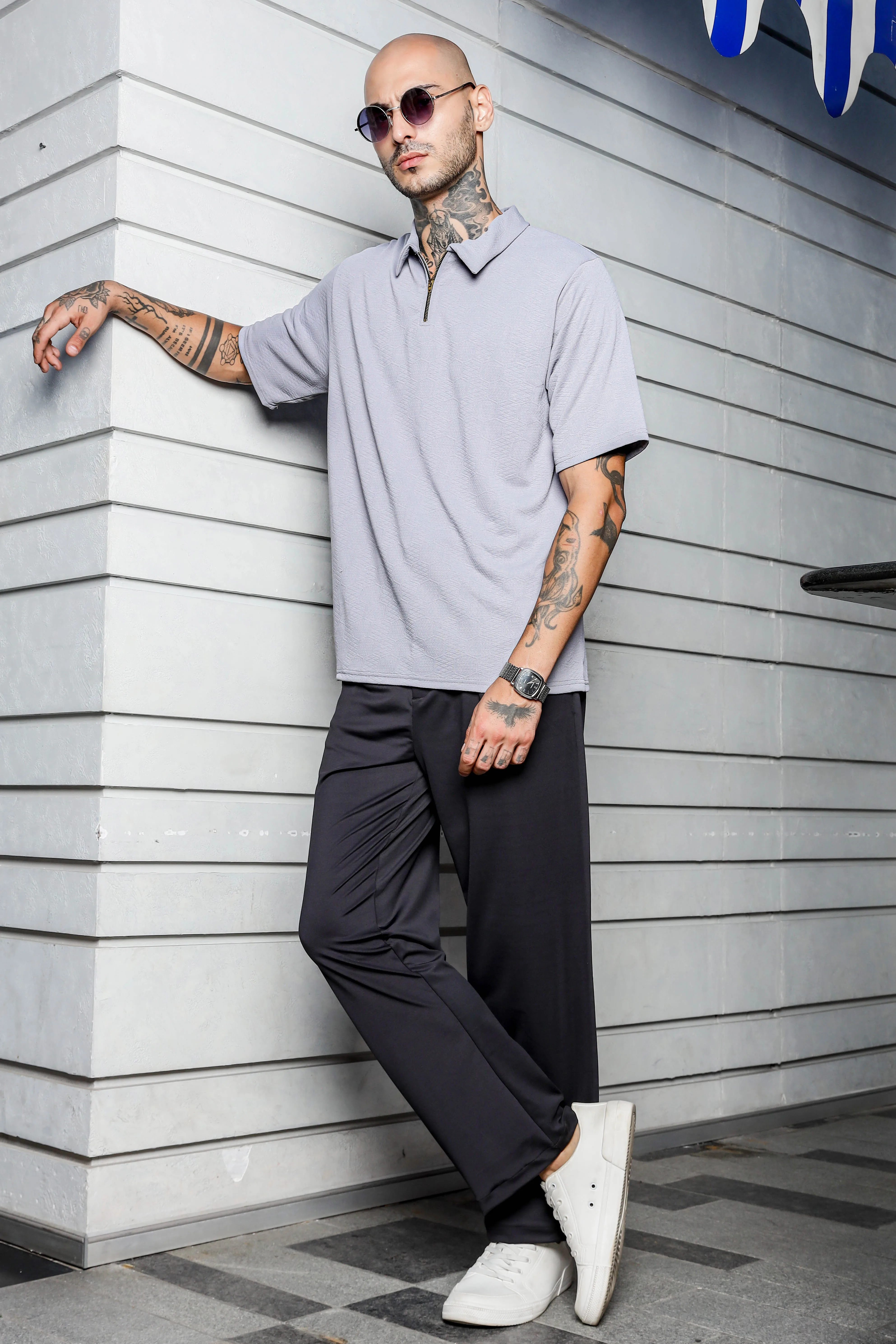 Unisex Grey Textured Polo Neck Oversized T-shirt