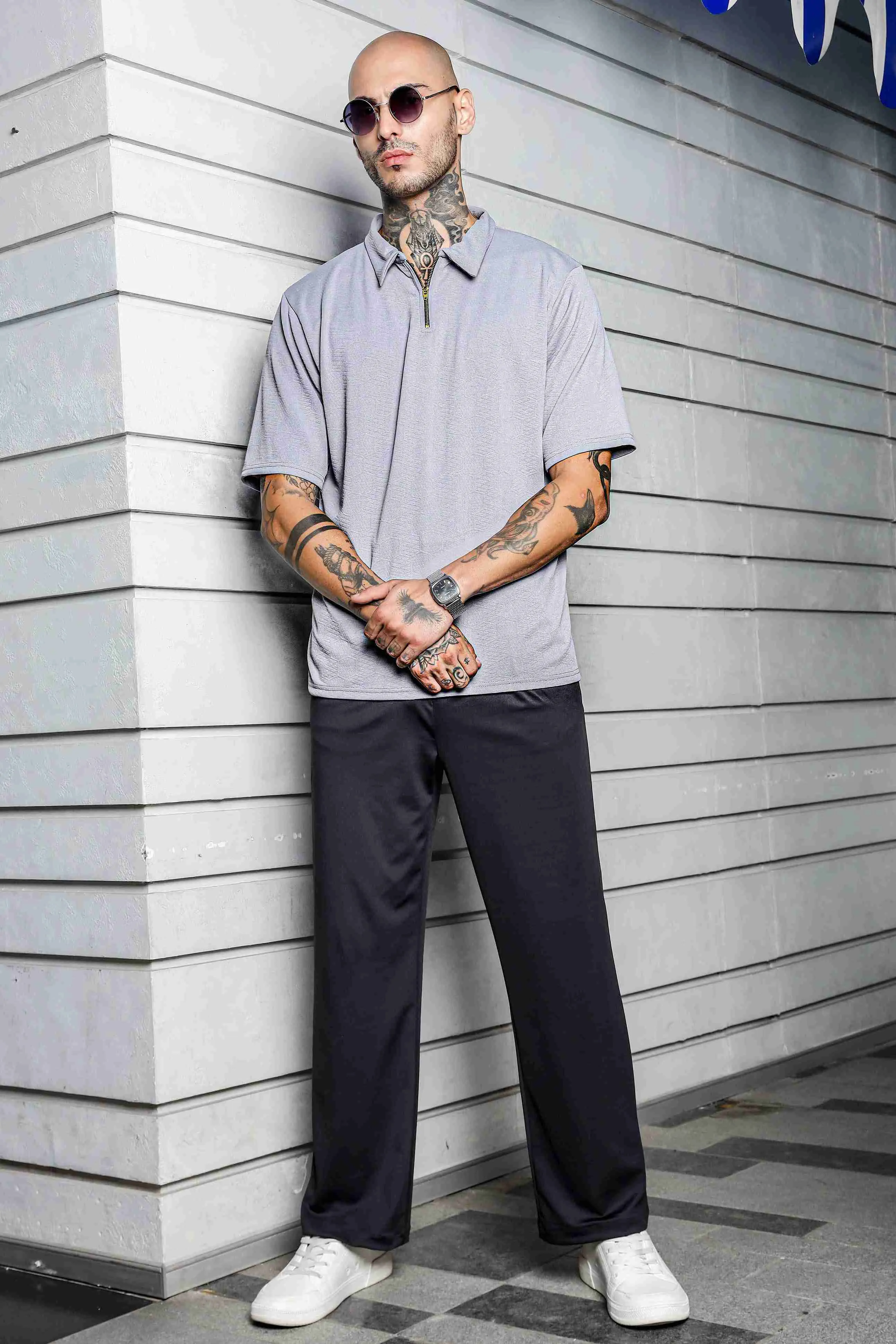 Unisex Grey Textured Polo Neck Oversized T-shirt