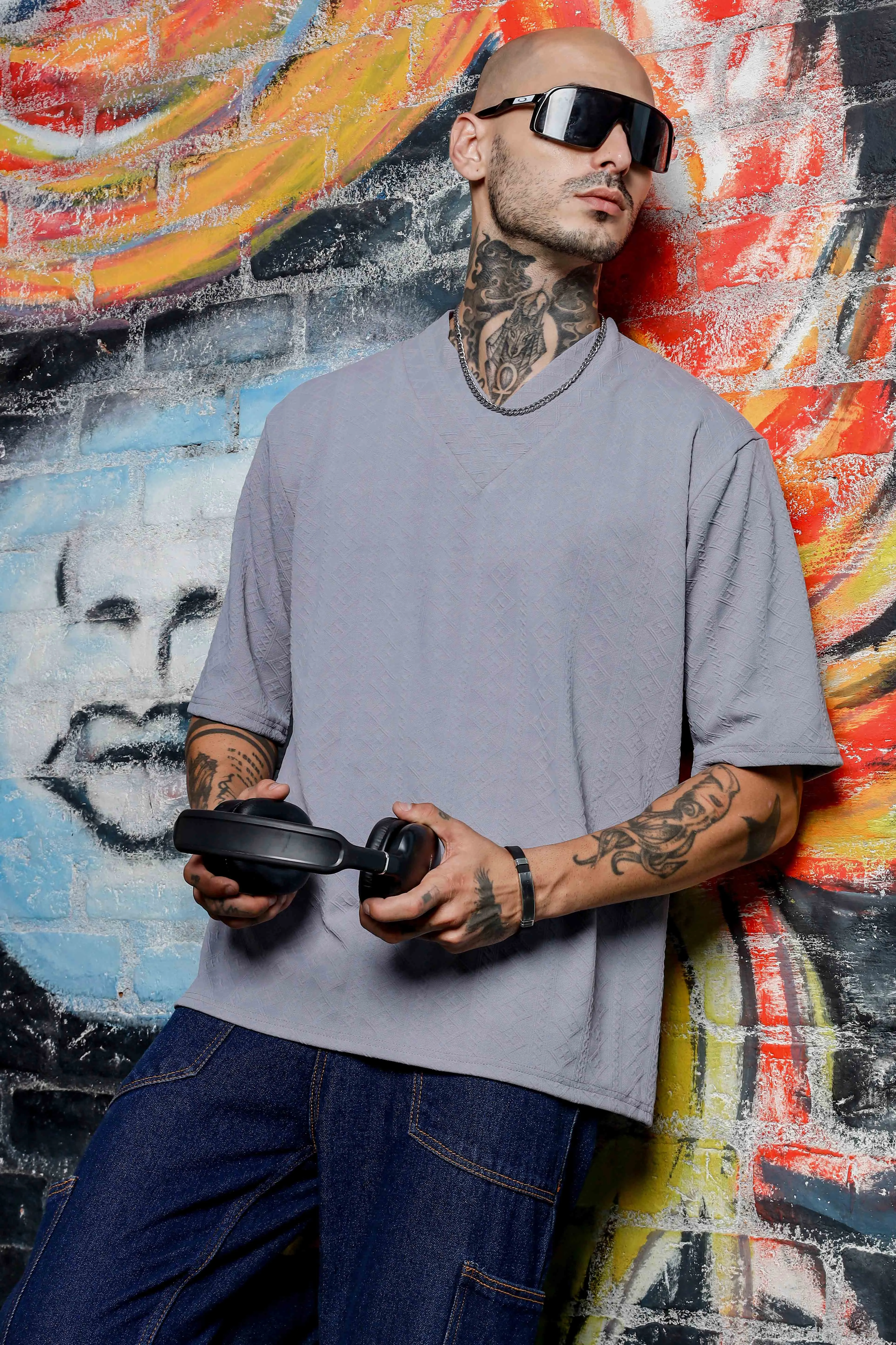 Unisex Grey Textured V-Neck Oversized T-shirt