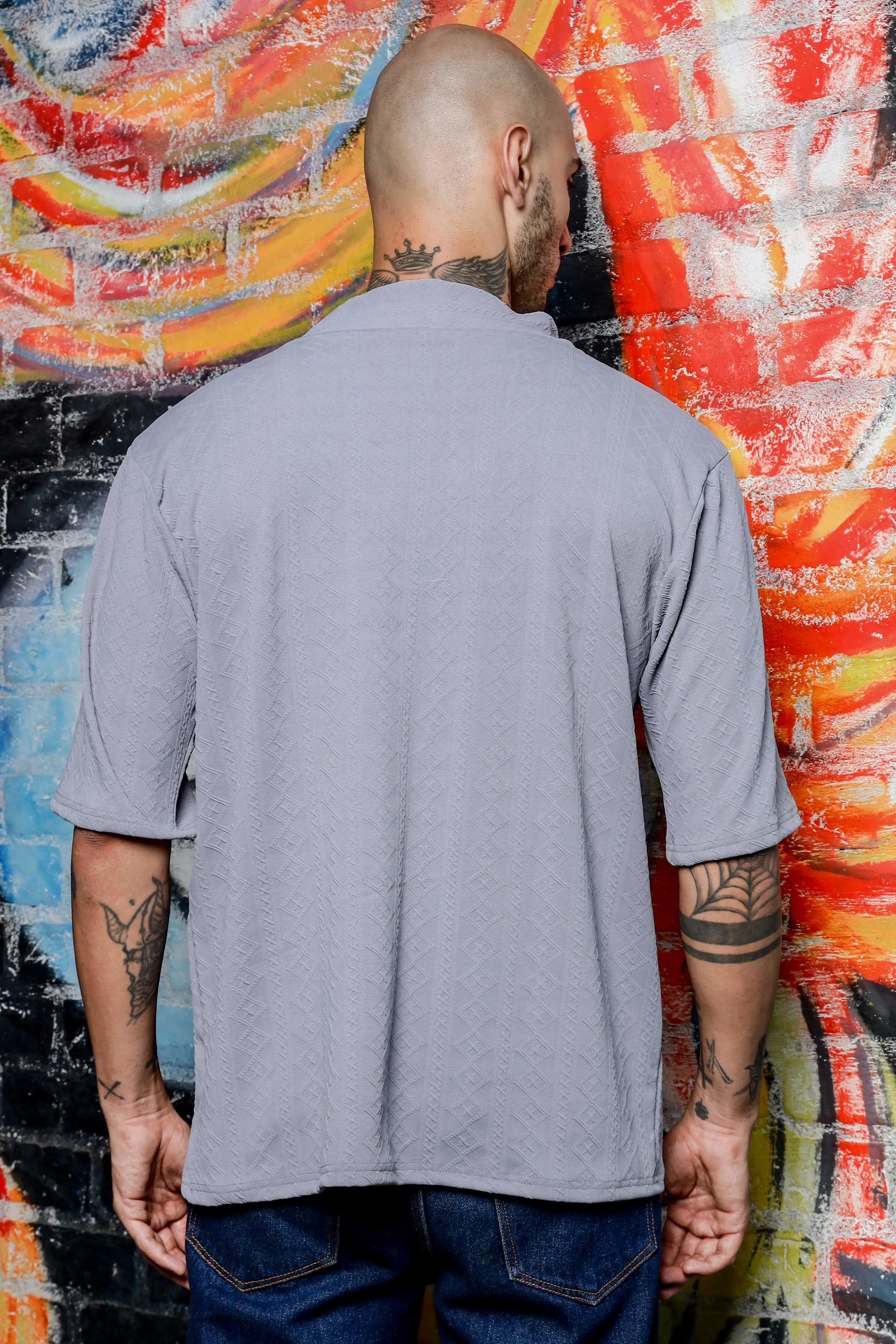 Unisex Grey Textured V-Neck Oversized T-shirt