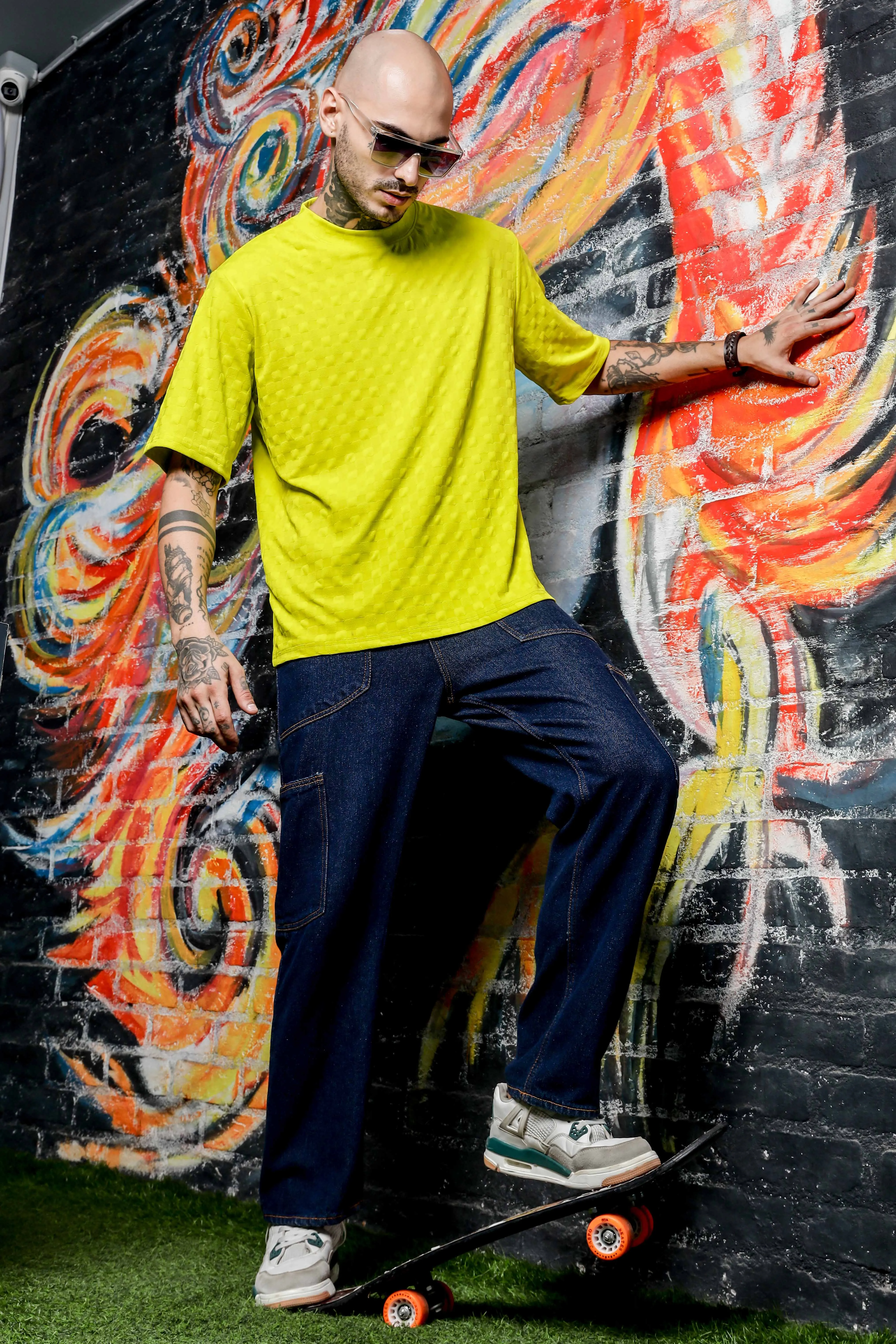 Unisex Lime Green Textured Round Neck Oversized T-shirt