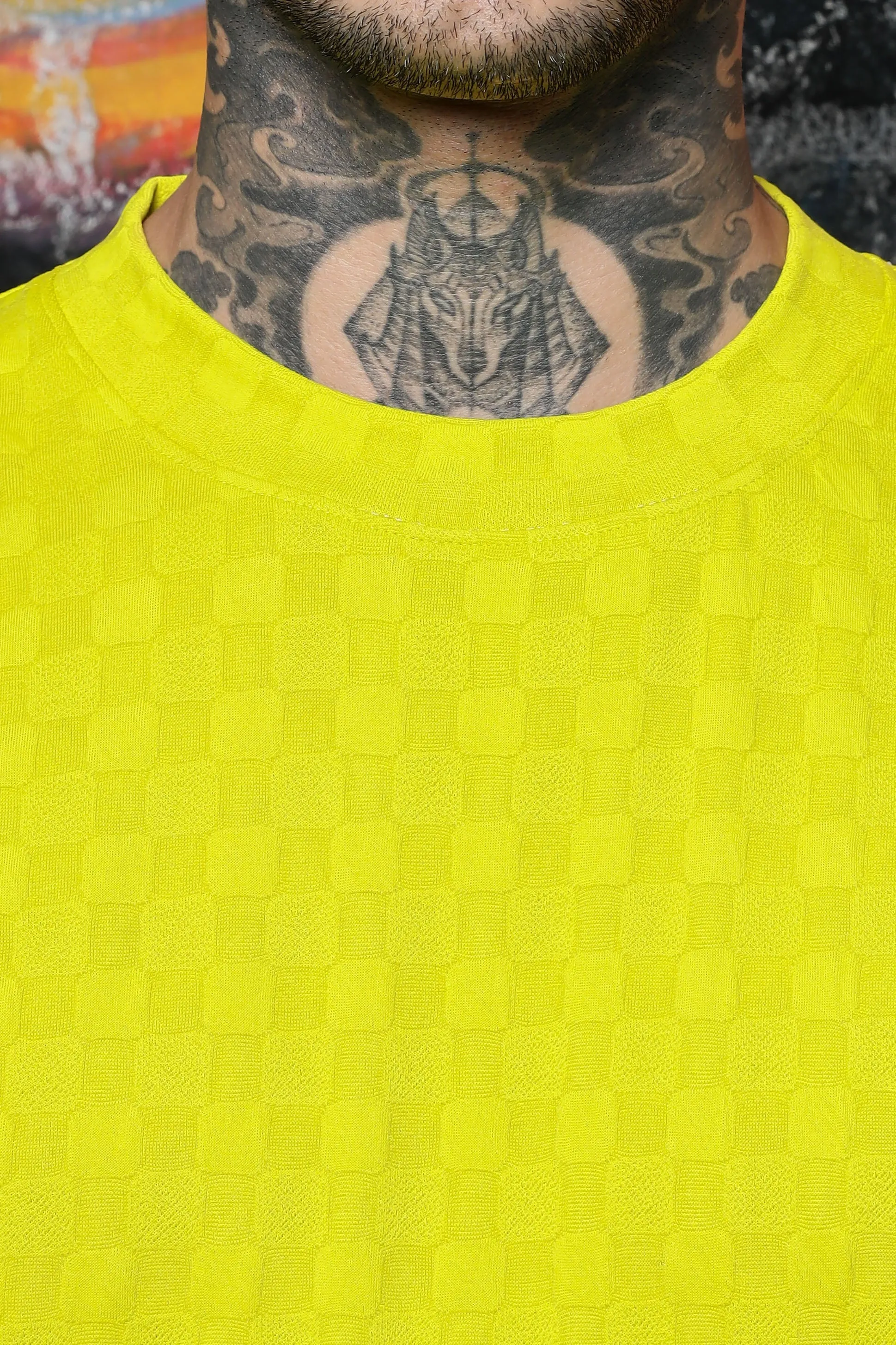 Unisex Lime Green Textured Round Neck Oversized T-shirt