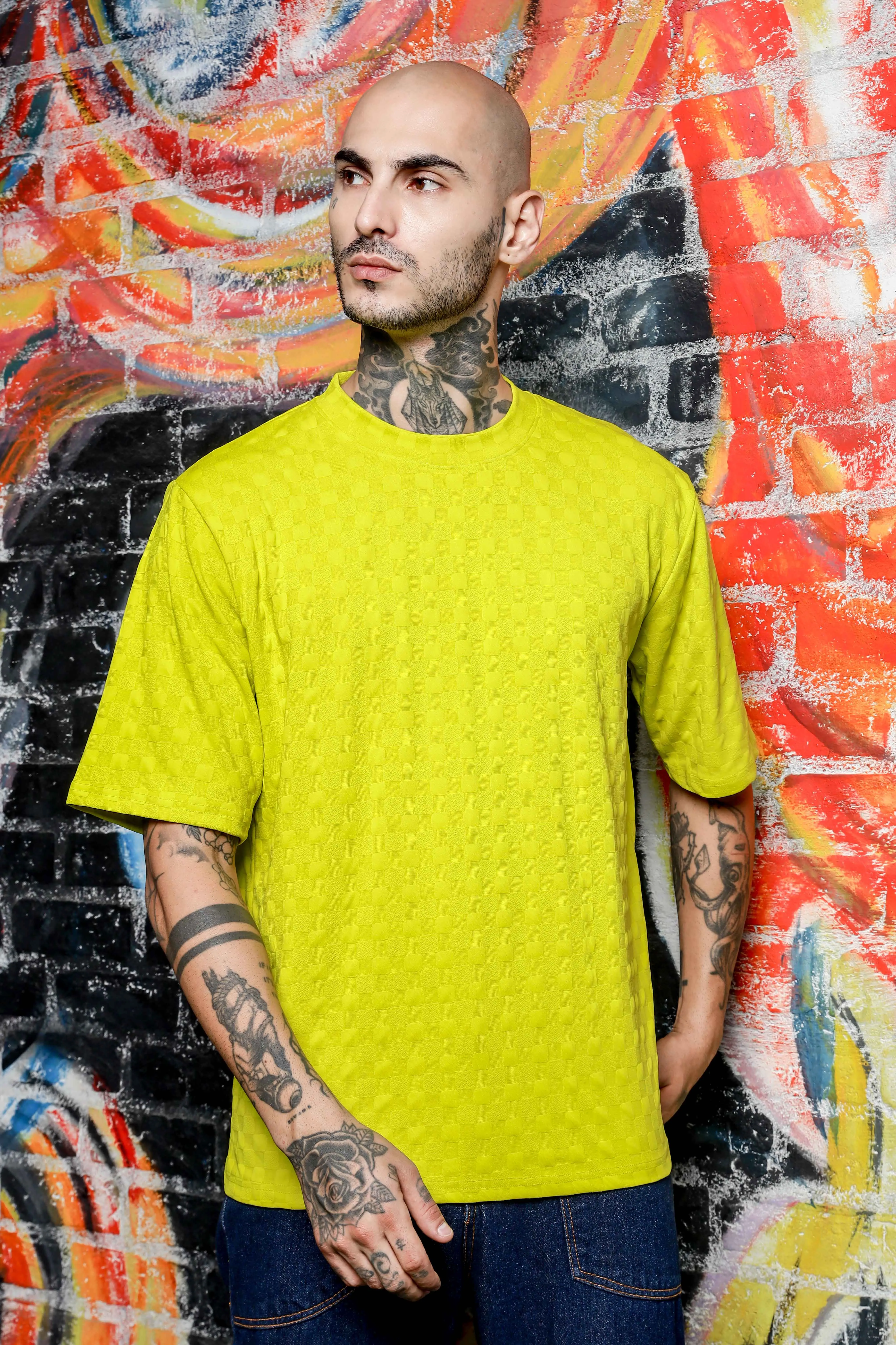 Unisex Lime Green Textured Round Neck Oversized T-shirt