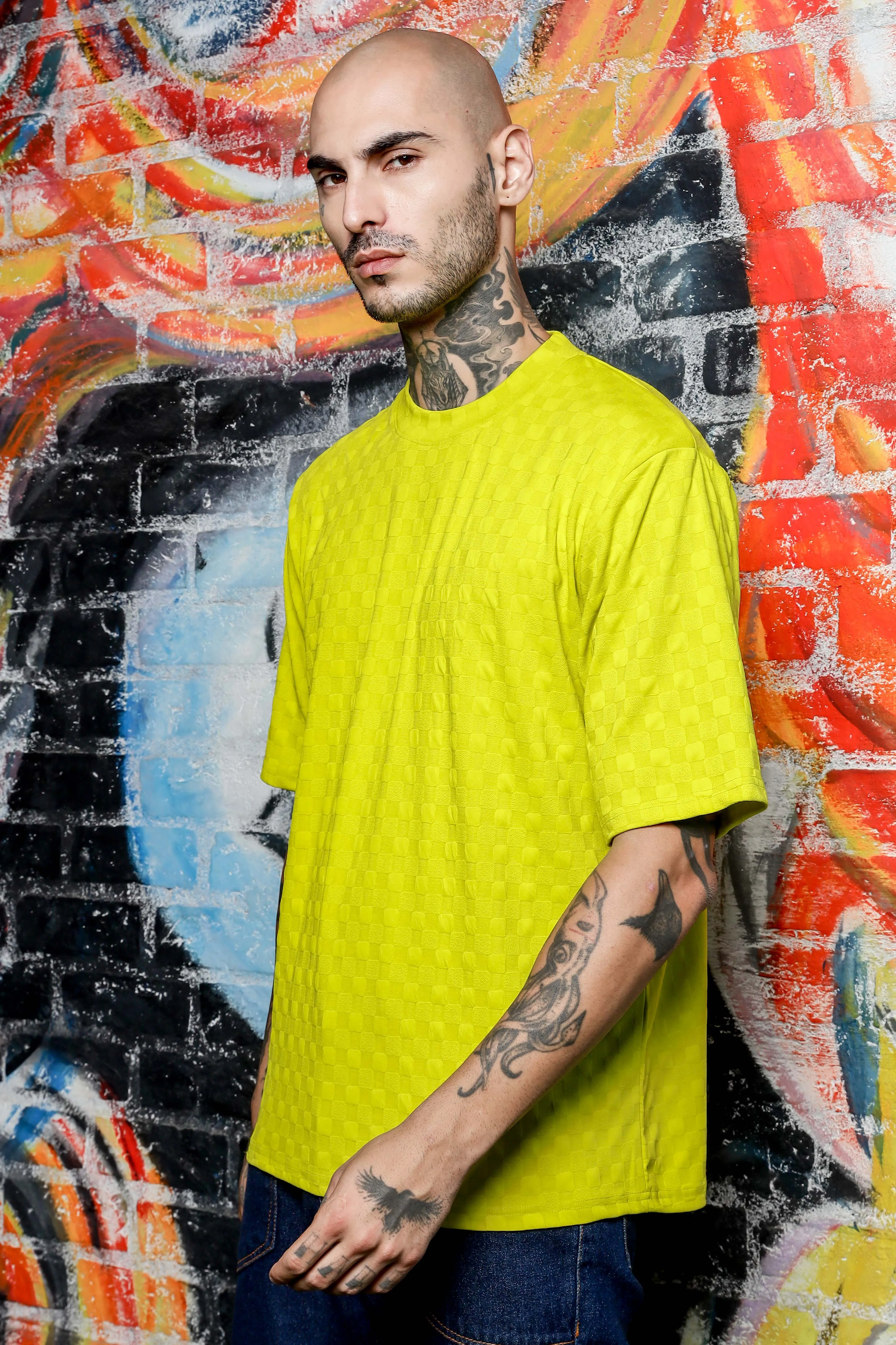 Unisex Lime Green Textured Round Neck Oversized T-shirt
