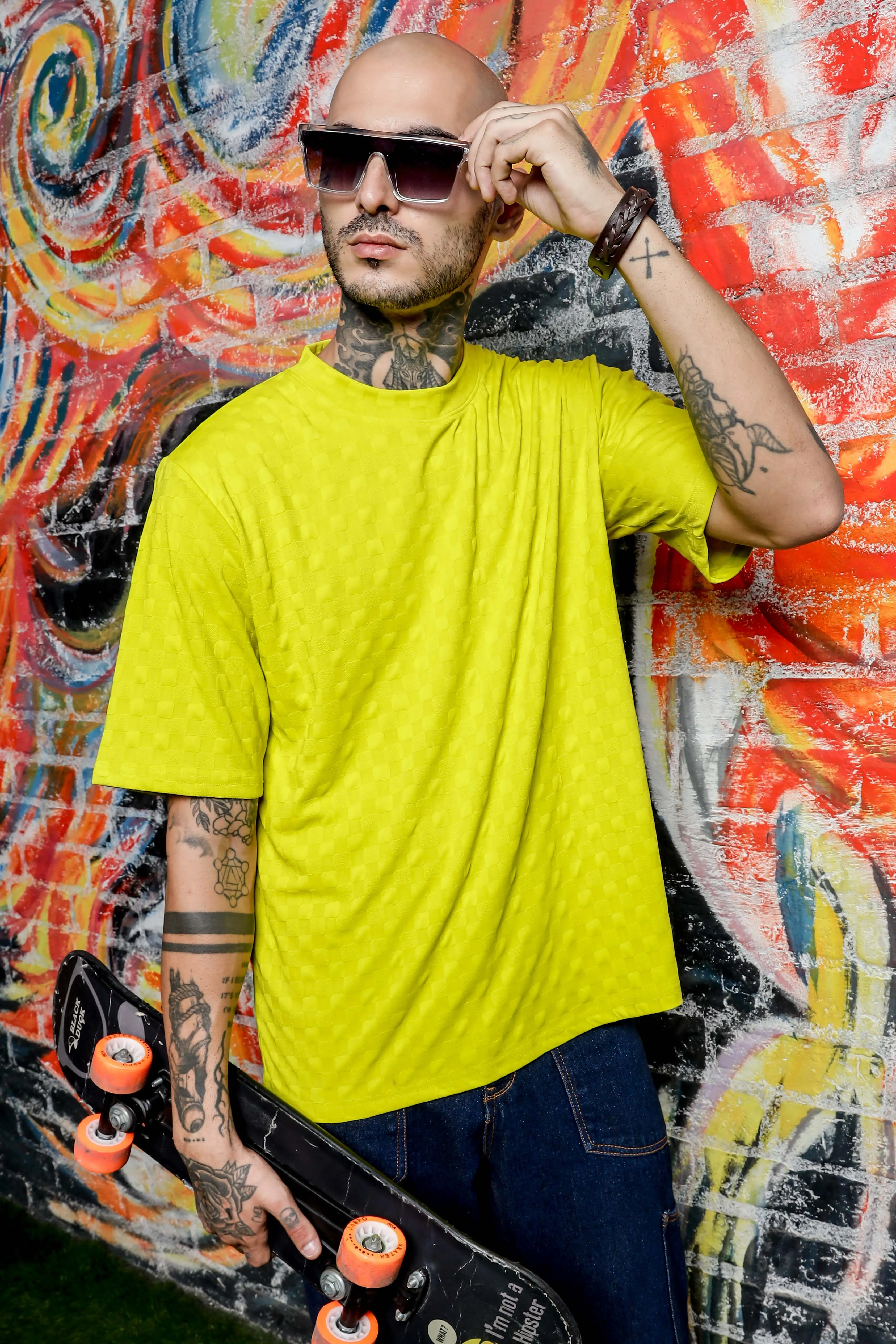 Unisex Lime Green Textured Round Neck Oversized T-shirt