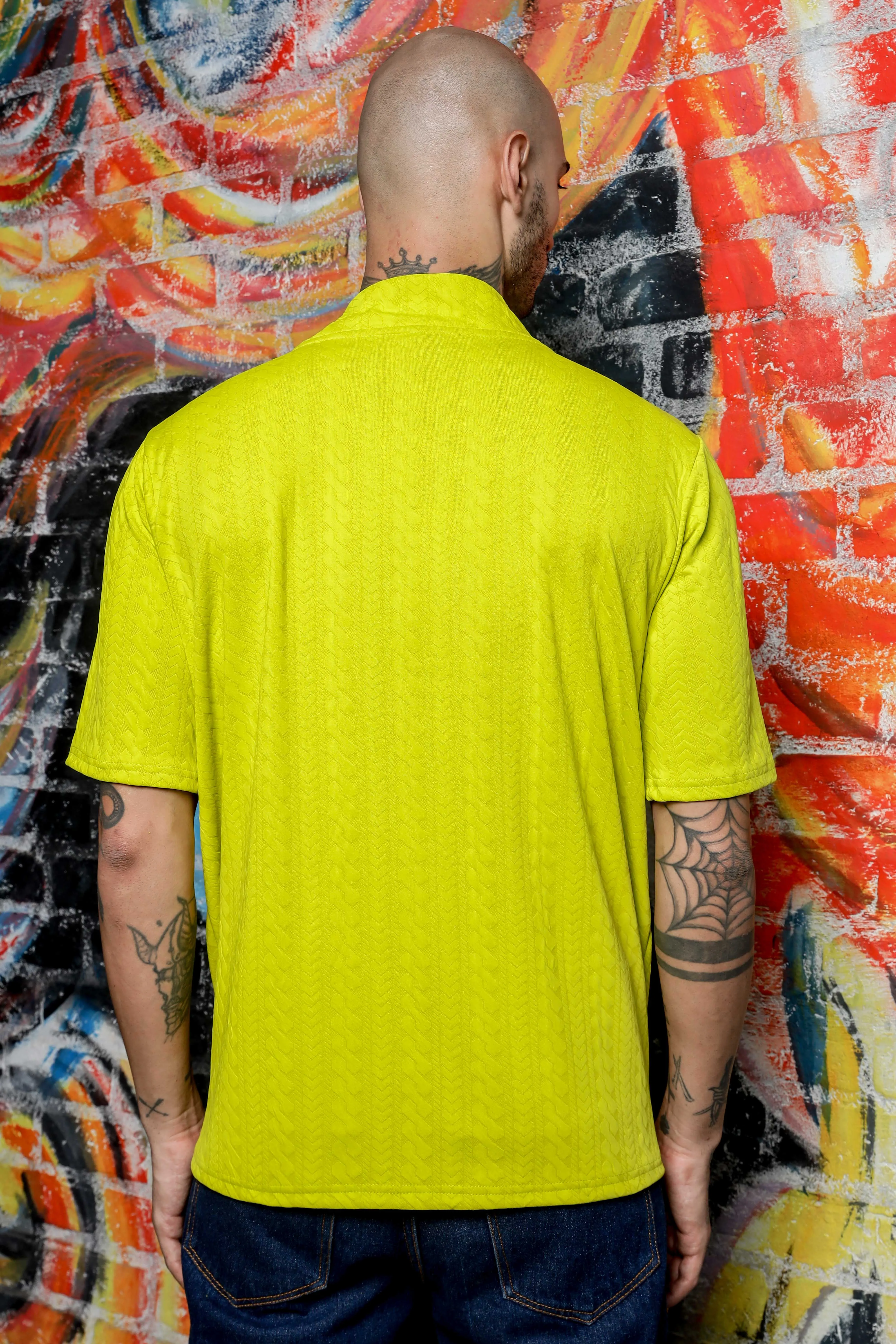 Unisex Lime Green Textured V-Neck Oversized T-shirt