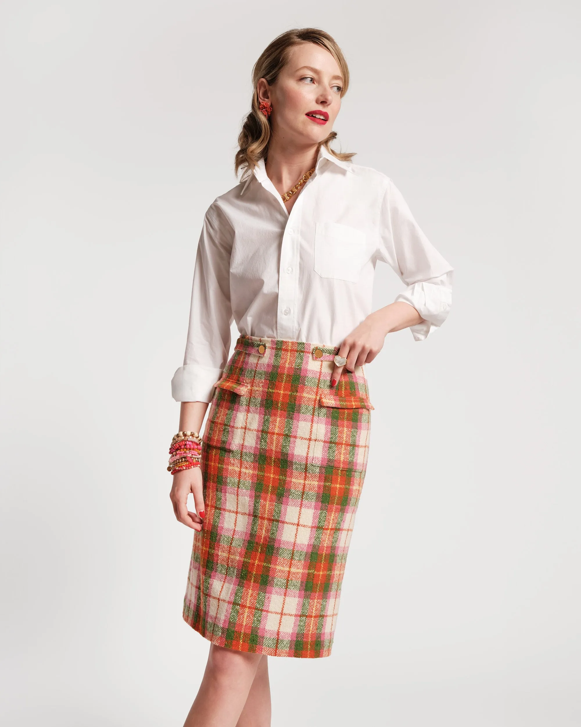 Wool Plaid Pencil Skirt